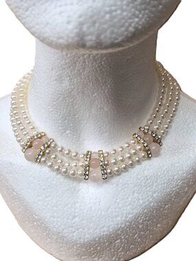VTG 3-Strand Faux Pearl Choker w/Rose Quartz&Crystal Spacers 15” Bridal Necklace
